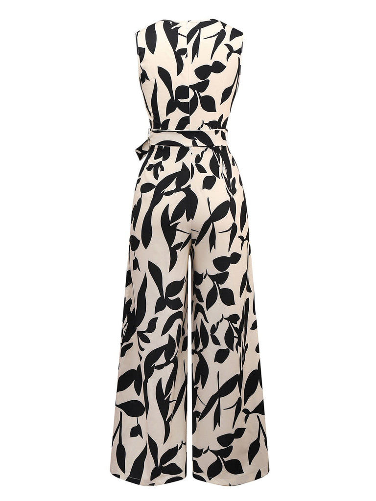 Beige 1930er Chorhemd Blätter Silhouette Jumpsuit