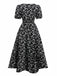Schwarz 1940er V-Ausschnitt Puffärmel Kleine Blumen Kleid