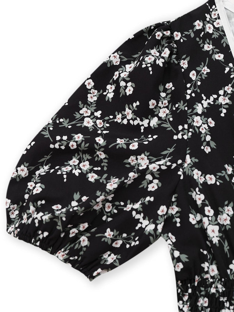 Schwarz 1940er V-Ausschnitt Puffärmel Kleine Blumen Kleid