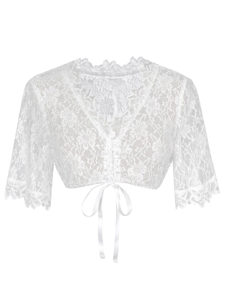 3PCS Grün 1950er Oktoberfest Dirndl Spitze Top & Jacquard Schleife Kleid