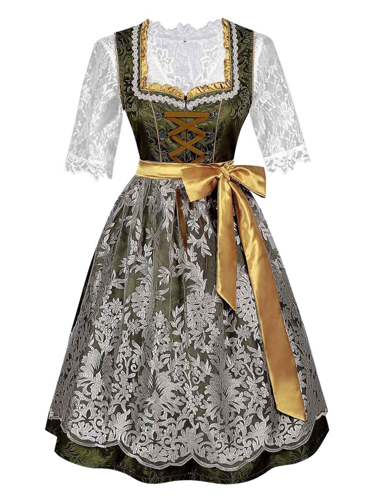 3PCS Grün 1950er Oktoberfest Dirndl Spitze Top & Jacquard Schleife Kleid