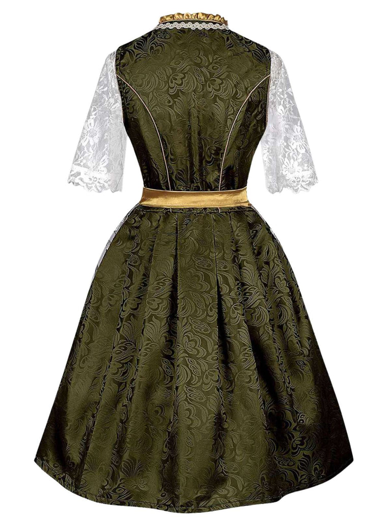 3PCS Grün 1950er Oktoberfest Dirndl Spitze Top & Jacquard Schleife Kleid