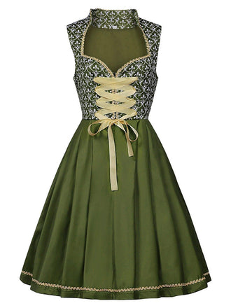 2PCS Grün 1950er Oktoberfest Dirndl Schleife Blumen Kleid & Stickerei Schürze