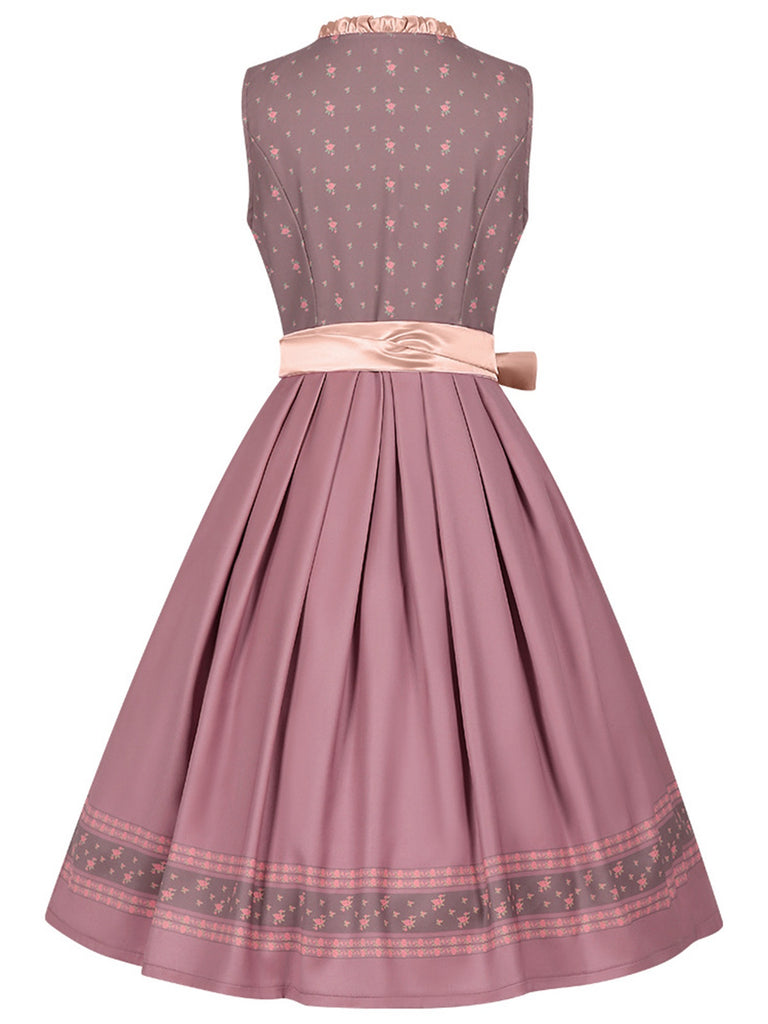 2PCS Nebelrose 1950er Oktoberfest Dirndl Blumen Satin Kleid & Schürze