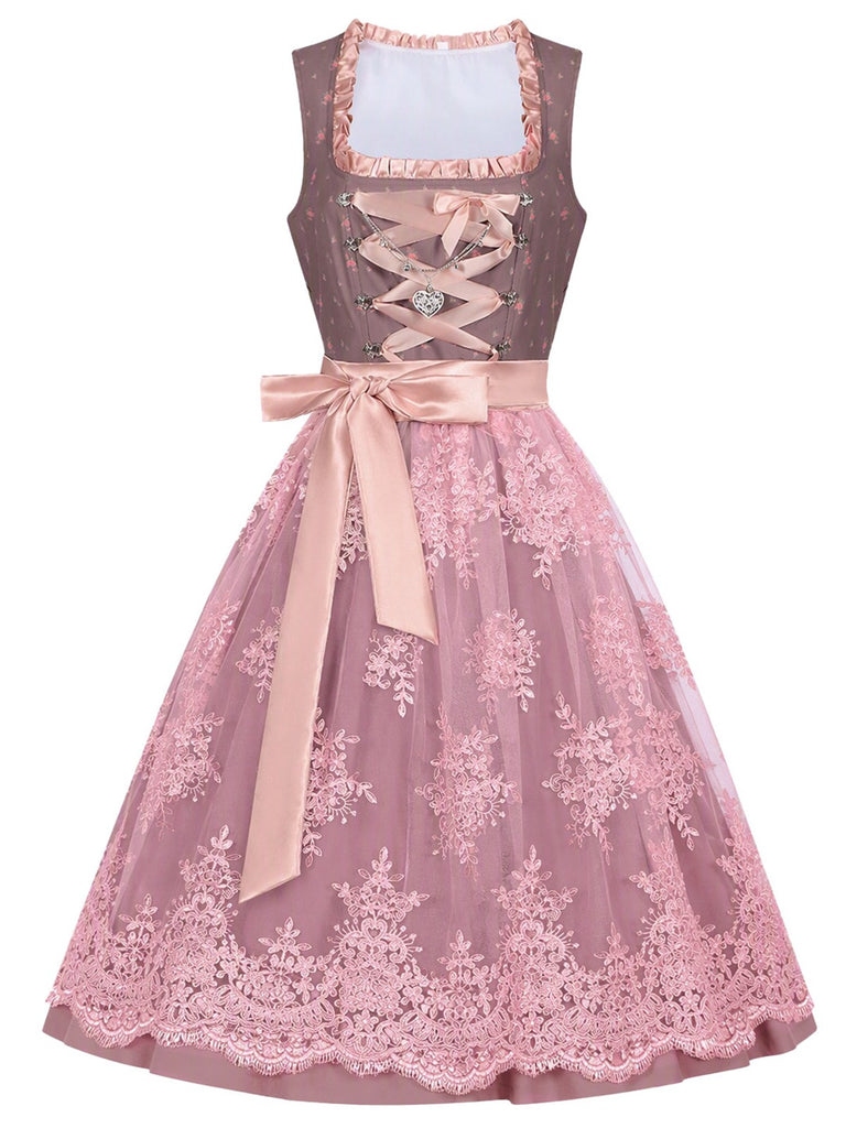 2PCS Nebelrose 1950er Oktoberfest Dirndl Blumen Satin Kleid & Schürze