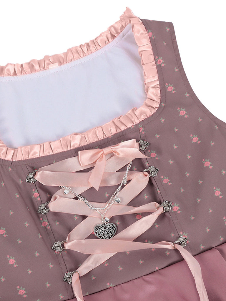 2PCS Nebelrose 1950er Oktoberfest Dirndl Blumen Satin Kleid & Schürze