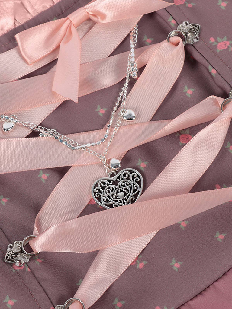 2PCS Nebelrose 1950er Oktoberfest Dirndl Blumen Satin Kleid & Schürze