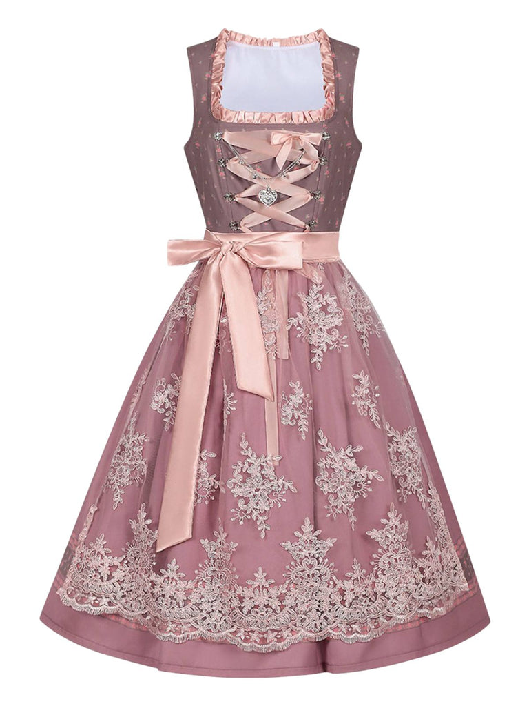 2PCS Nebelrose 1950er Oktoberfest Dirndl Blumen Satin Kleid & Schürze