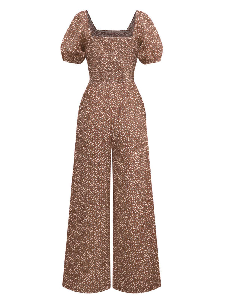 1950er Kleine Blumen Quadratischer Hals Puffärmel Jumpsuit