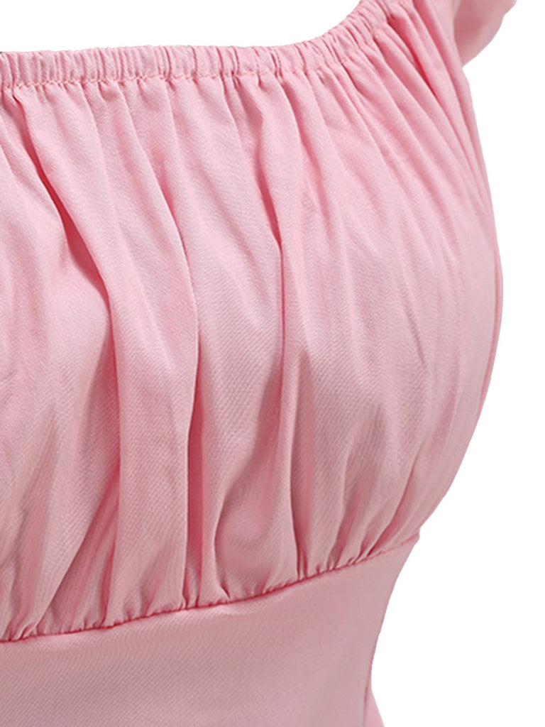 Rosa 1950er Solide Quadratischer Hals Gerüschtes Top