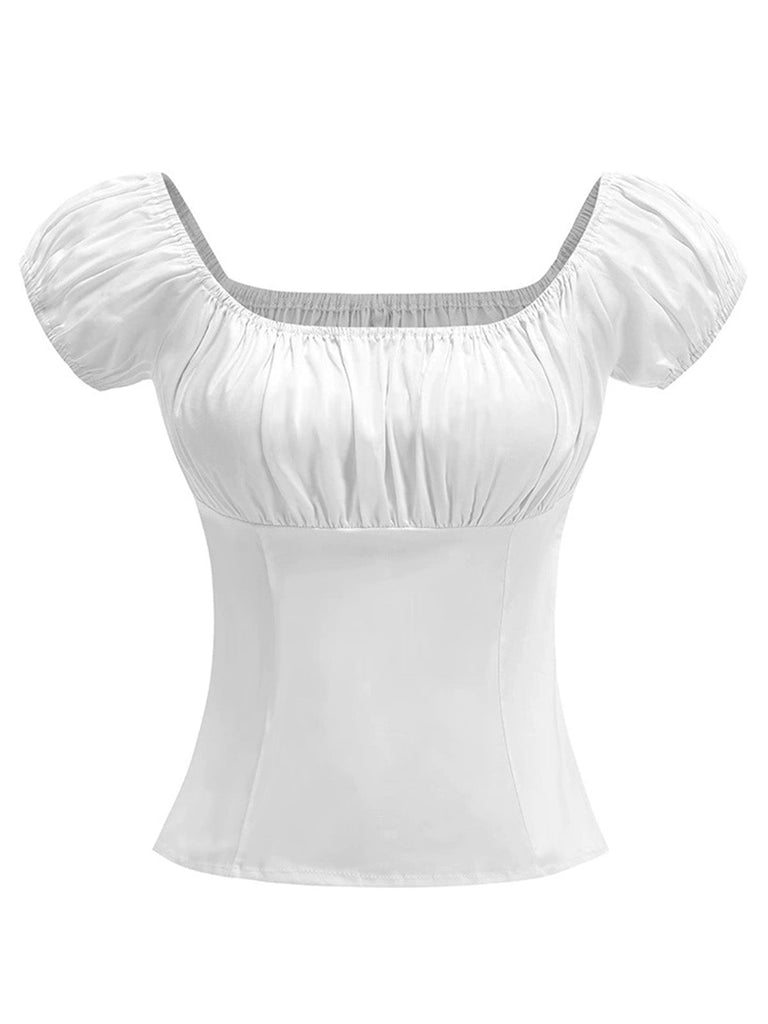 Rosa 1950er Solide Quadratischer Hals Gerüschtes Top