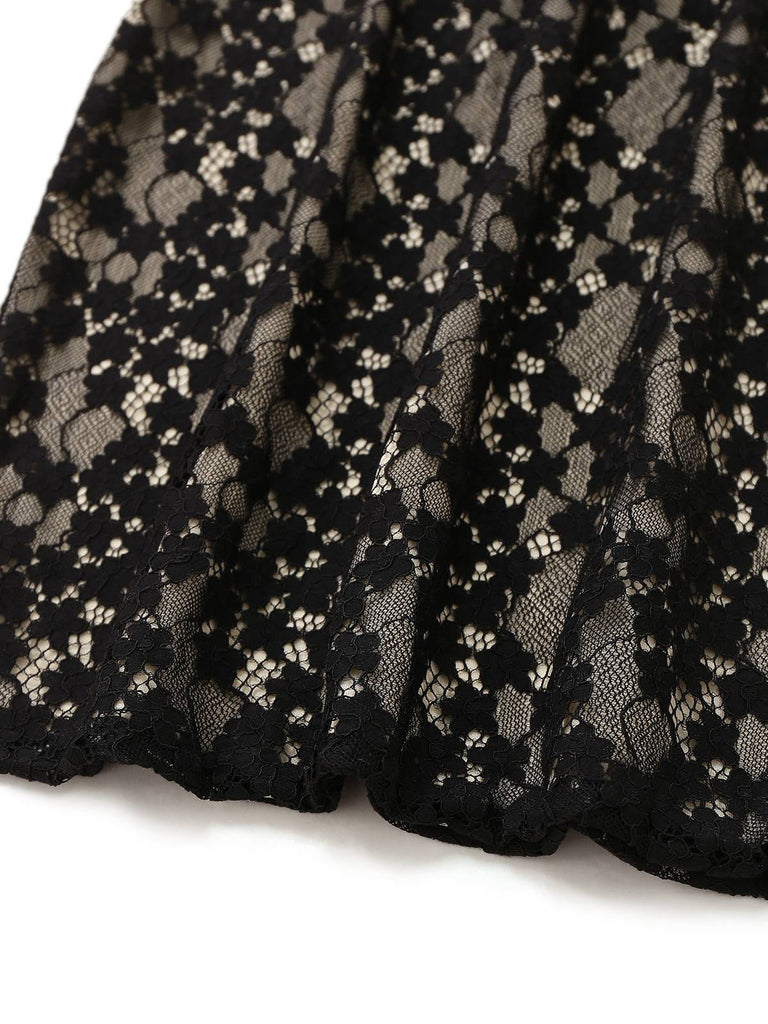 Schwarz 1960er Hohl Blumen Spitze Enges Kleid