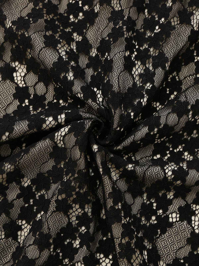 Schwarz 1960er Hohl Blumen Spitze Enges Kleid