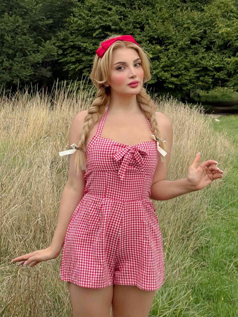 1950er Halter Gingham Plaids Bogen Romper