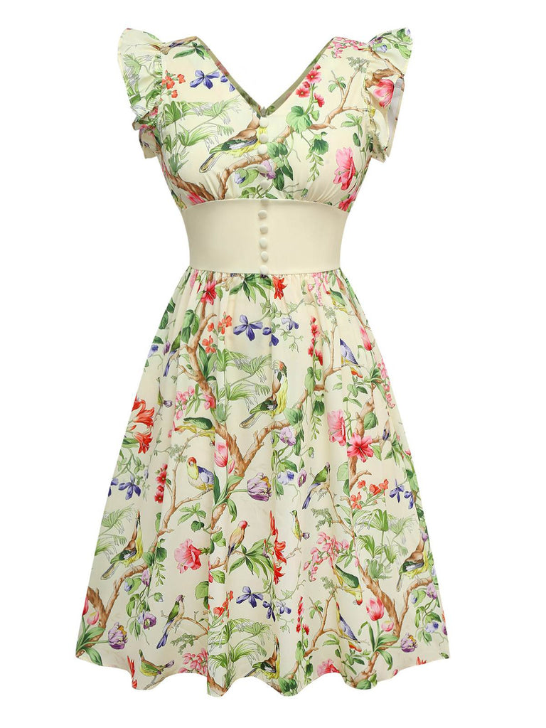 Gelb 1950er Blumen Vögel Rüschen Flatterärmel Kleid