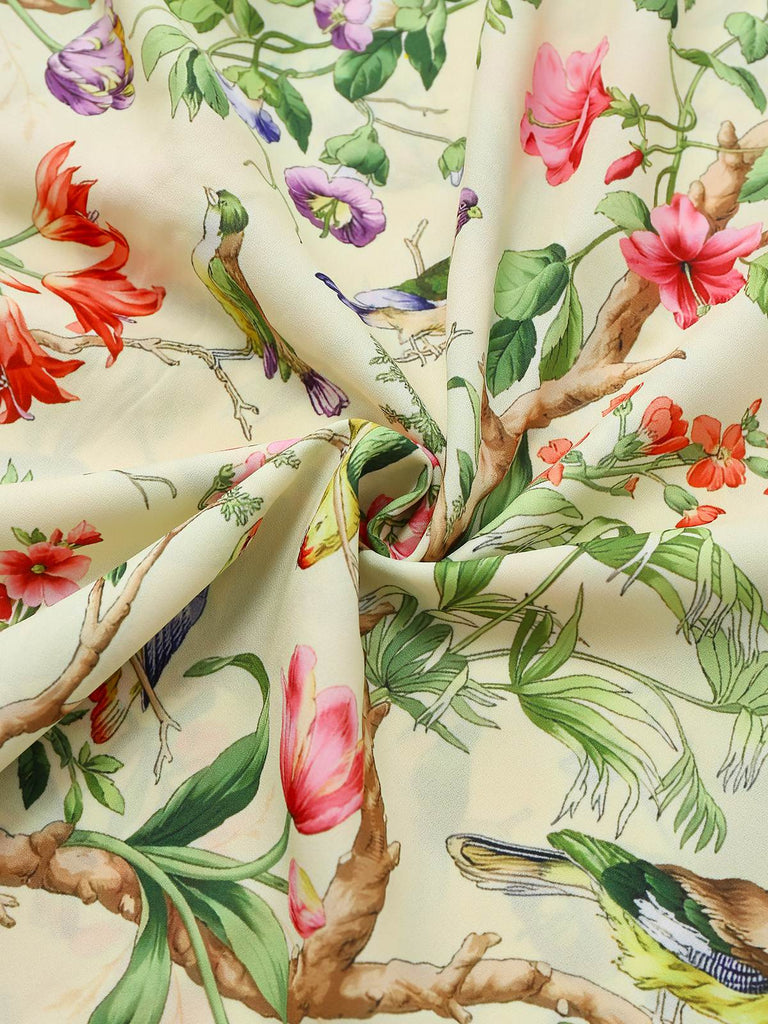 Gelb 1950er Blumen Vögel Rüschen Flatterärmel Kleid