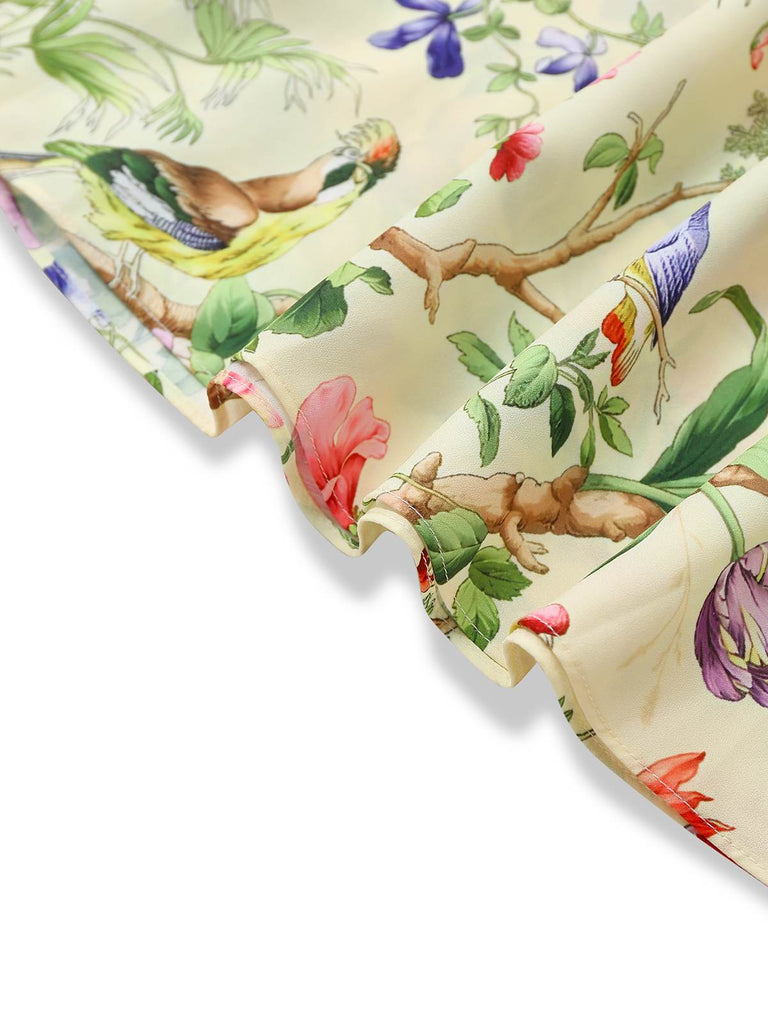 Gelb 1950er Blumen Vögel Rüschen Flatterärmel Kleid