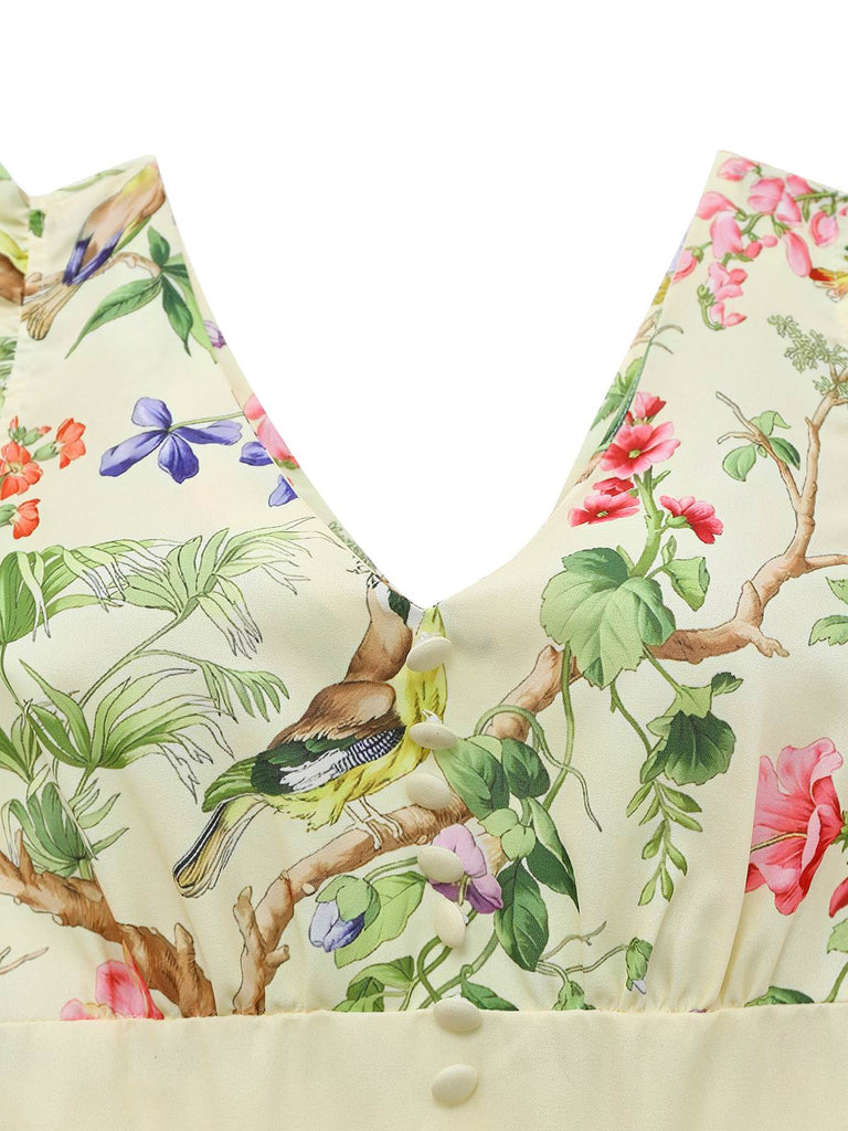 Gelb 1950er Blumen Vögel Rüschen Flatterärmel Kleid