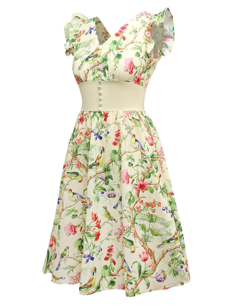 Gelb 1950er Blumen Vögel Rüschen Flatterärmel Kleid