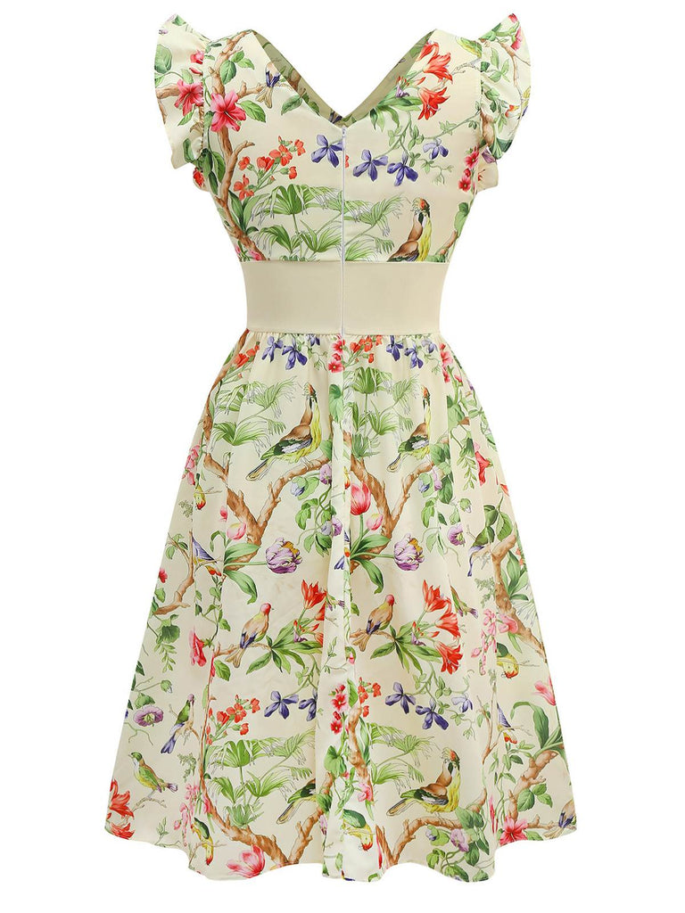 Gelb 1950er Blumen Vögel Rüschen Flatterärmel Kleid