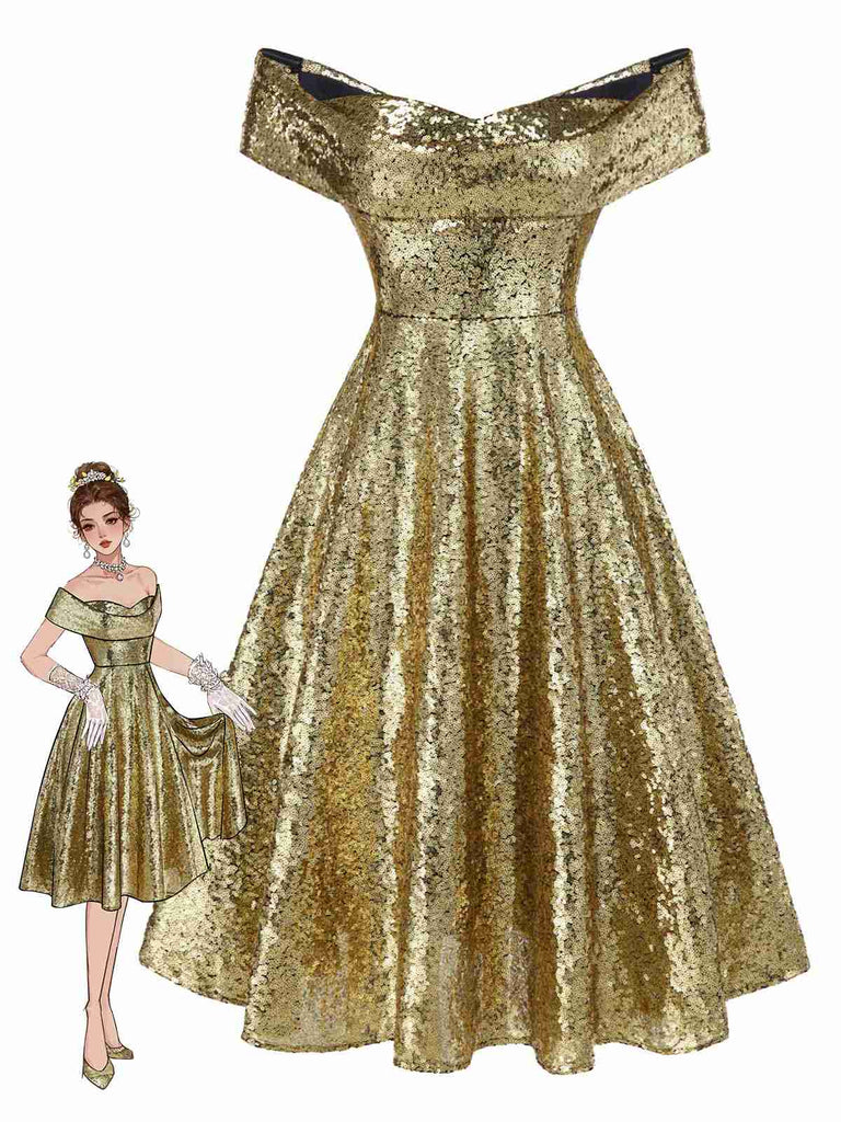 Gold 1950er Schulterfrei Pailletten Swing Kleid