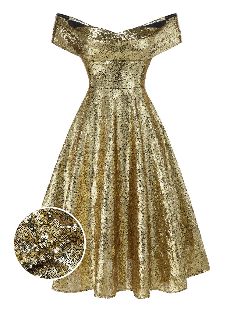 Gold 1950er Schulterfrei Pailletten Swing Kleid