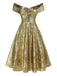 Gold 1950er Schulterfrei Pailletten Swing Kleid