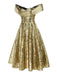 Gold 1950er Schulterfrei Pailletten Swing Kleid