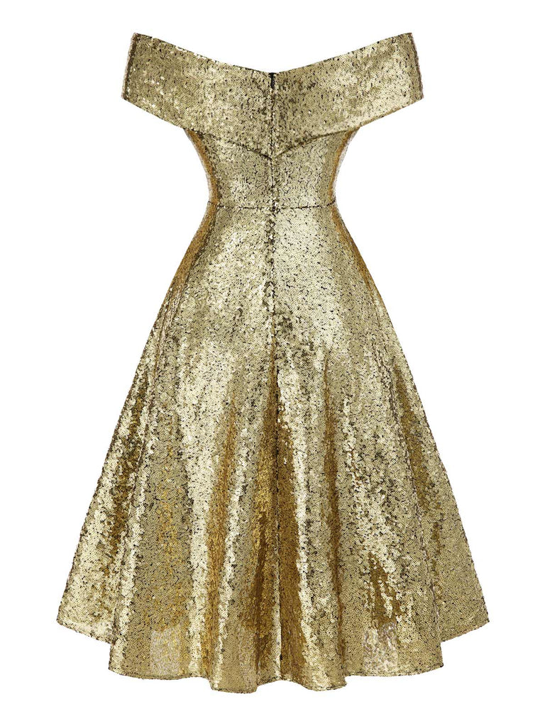 Gold 1950er Schulterfrei Pailletten Swing Kleid