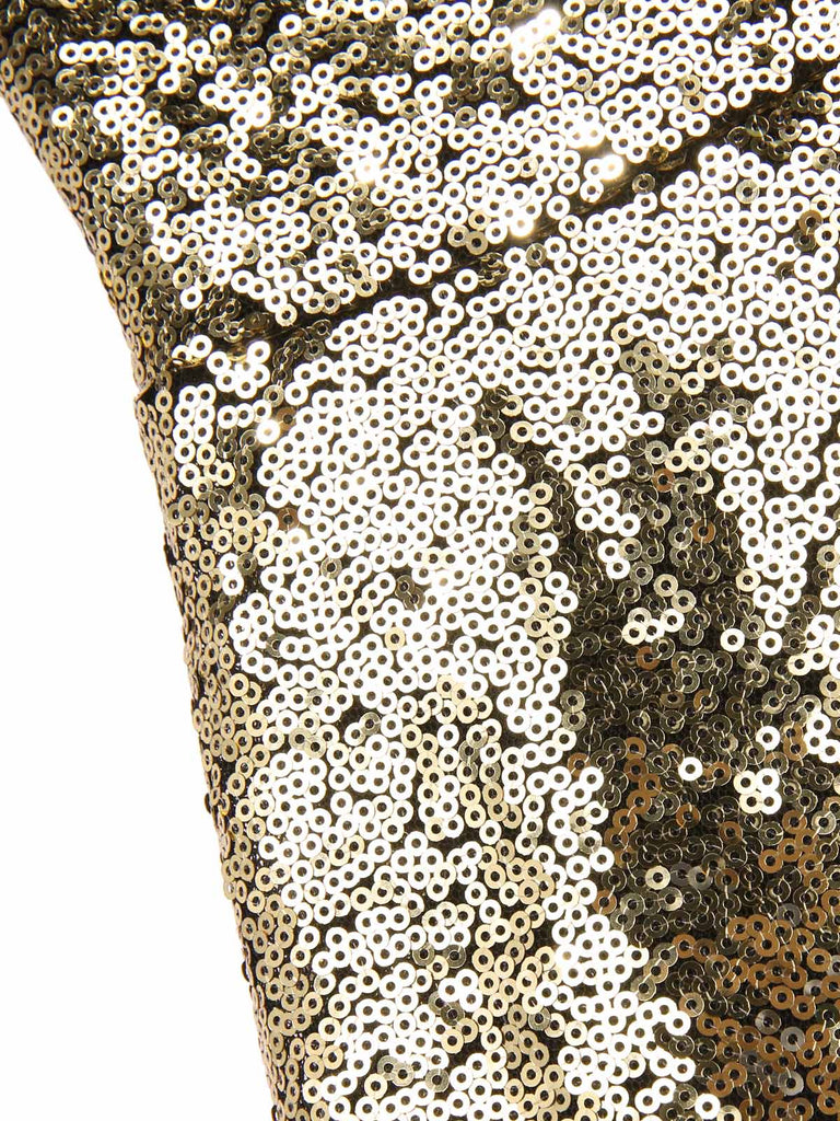 Gold 1950er Schulterfrei Pailletten Swing Kleid