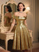 Gold 1950er Schulterfrei Pailletten Swing Kleid