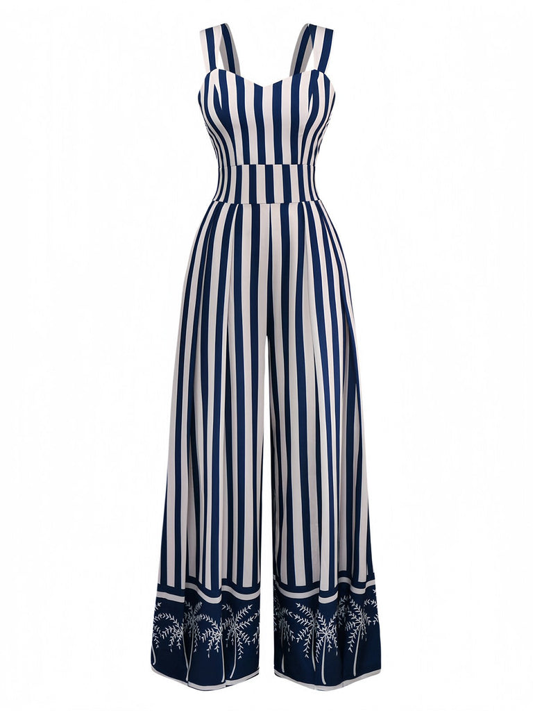 Blau 1930er Vertikale Streifen Palme Bäume Jumpsuit