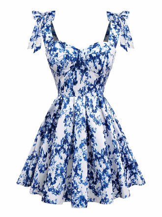 Blau 1960er Schulterkrawatte Blumen Skater Kleid