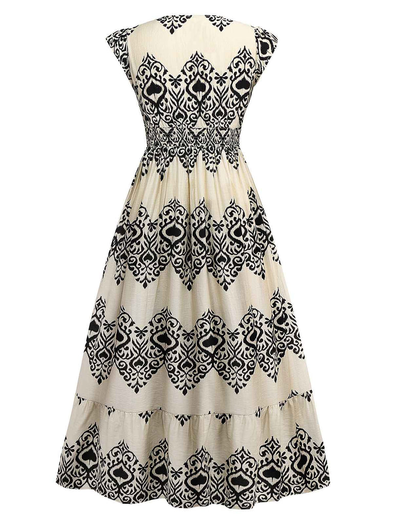 Aprikose 1970er V-Ausschnitt Pik Drucke Flügelärmel Kleid