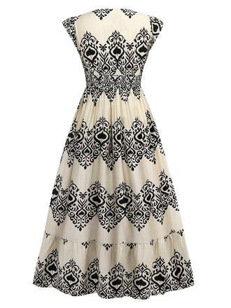 Aprikose 1970er V-Ausschnitt Pik Drucke Flügelärmel Kleid