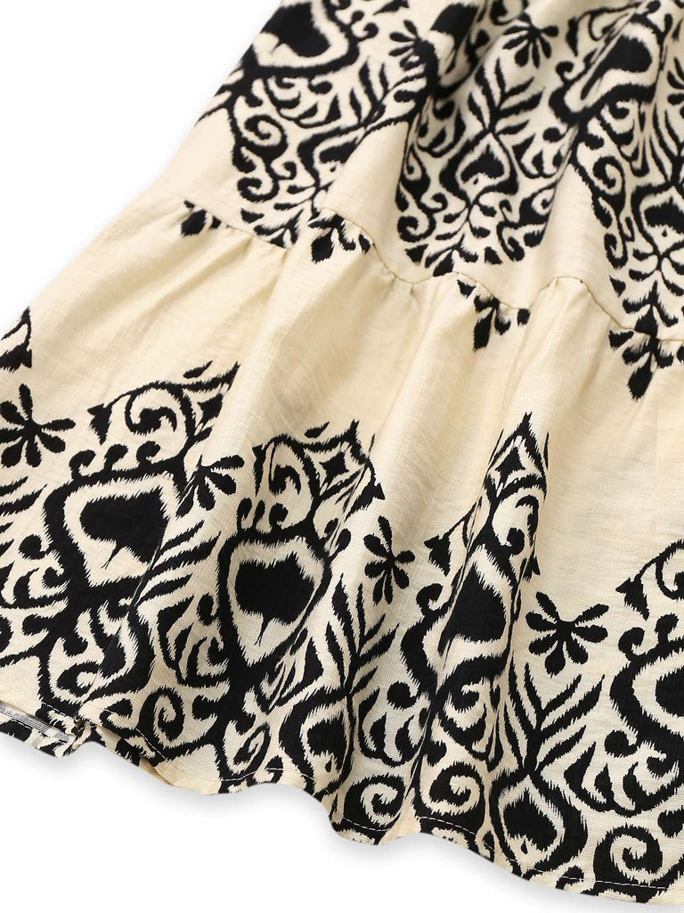 Aprikose 1970er V-Ausschnitt Pik Drucke Flügelärmel Kleid