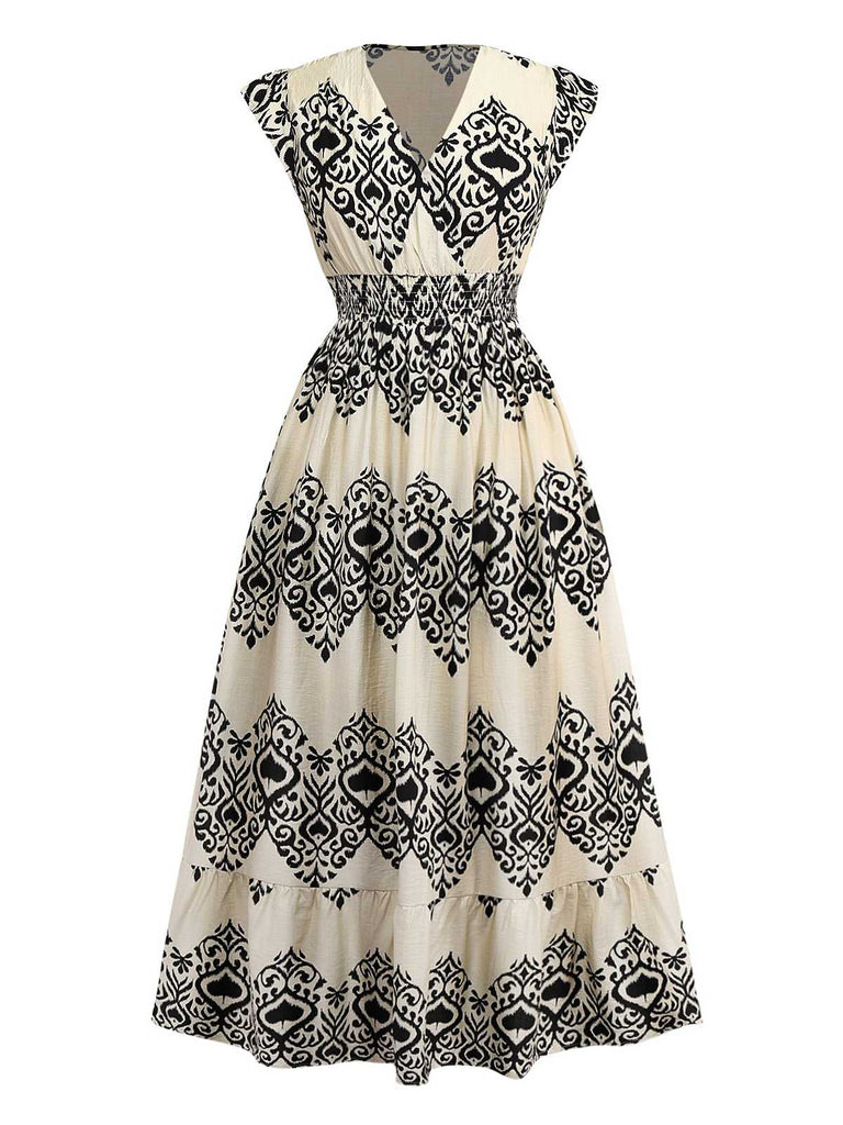 Aprikose 1970er V-Ausschnitt Pik Drucke Flügelärmel Kleid