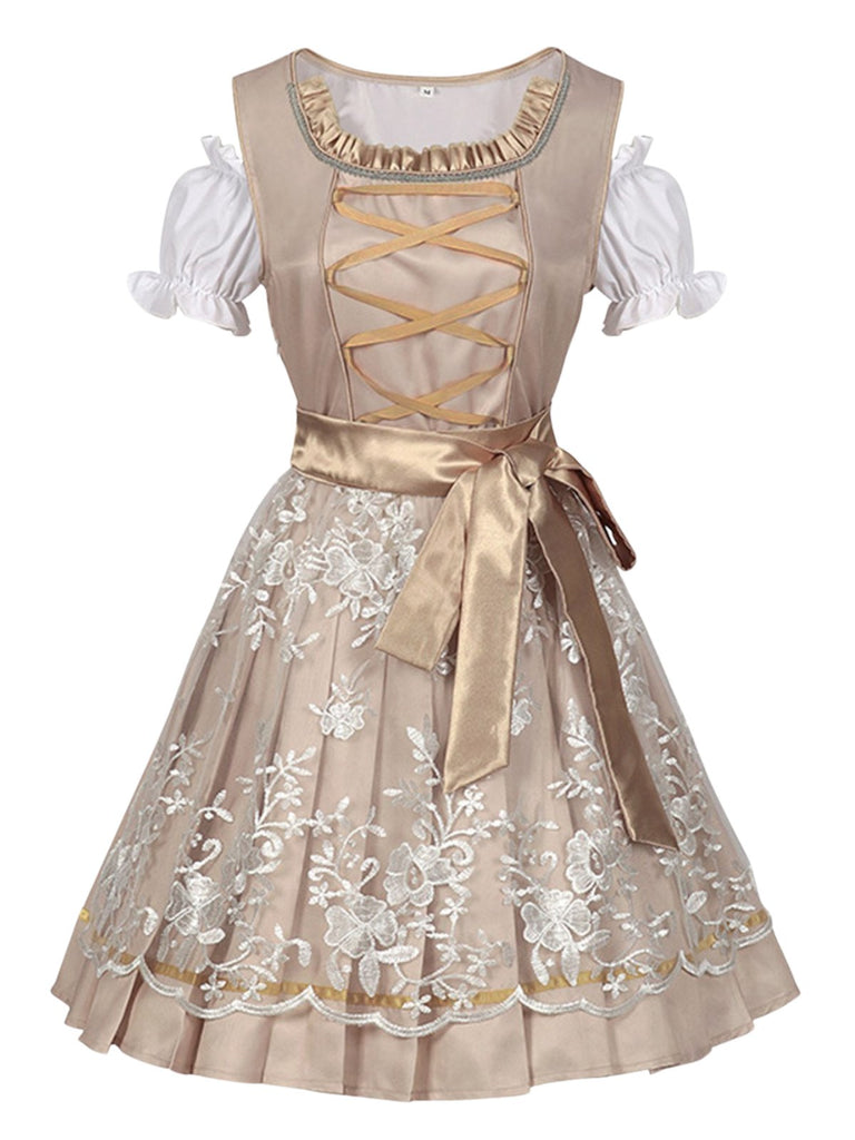 3PCS Sekt 1950er Oktoberfest Dirndl Puffärmel Top & Blumen Bogen Kleid
