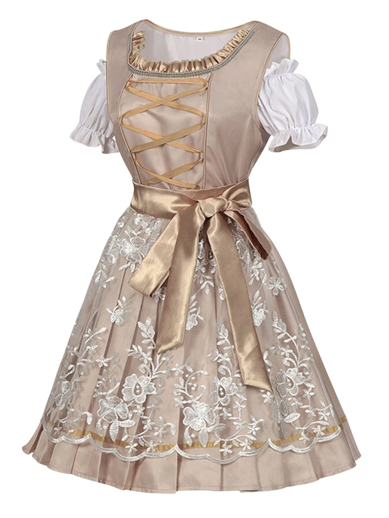 3PCS Sekt 1950er Oktoberfest Dirndl Puffärmel Top & Blumen Bogen Kleid