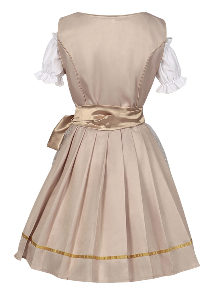3PCS Sekt 1950er Oktoberfest Dirndl Puffärmel Top & Blumen Bogen Kleid