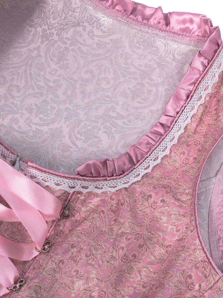 3PCS Rosa 1950er Oktoberfest Dirndl Puffärmel Top & Besticktes Schnürung Kleid