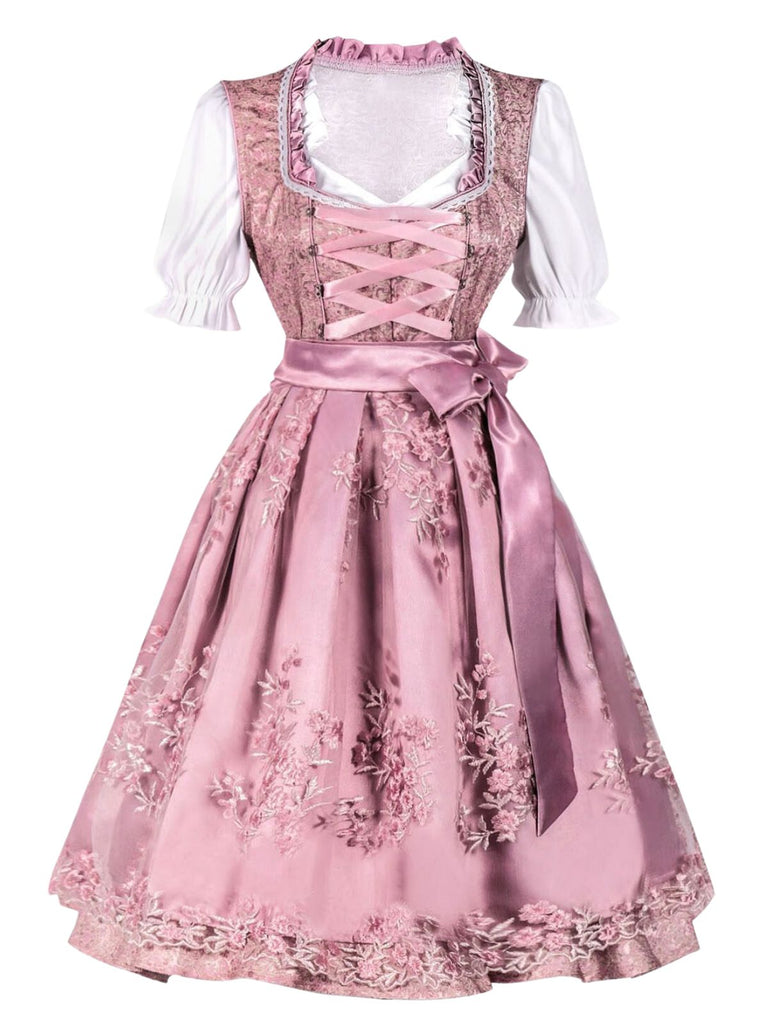 3PCS Rosa 1950er Oktoberfest Dirndl Puffärmel Top & Besticktes Schnürung Kleid
