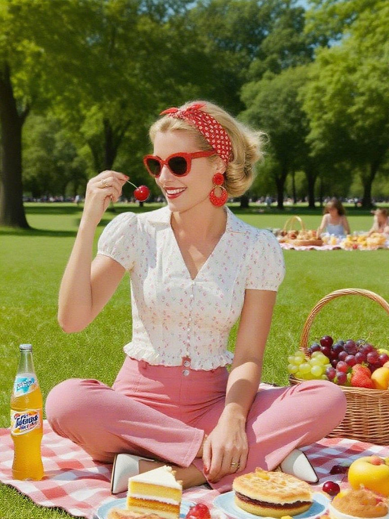 Rosa 1940er Tulip V-Ausschnitt Revers Rüschen Bluse