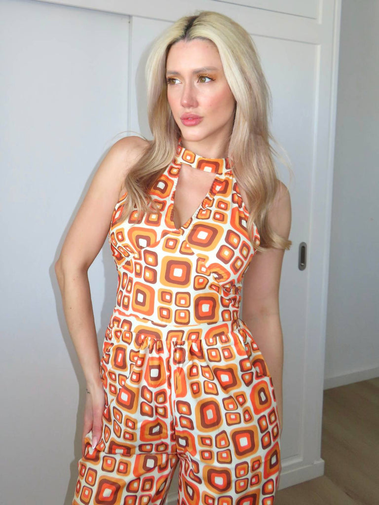 1960er Stehkragen Geometrisch Hippie Jumpsuit