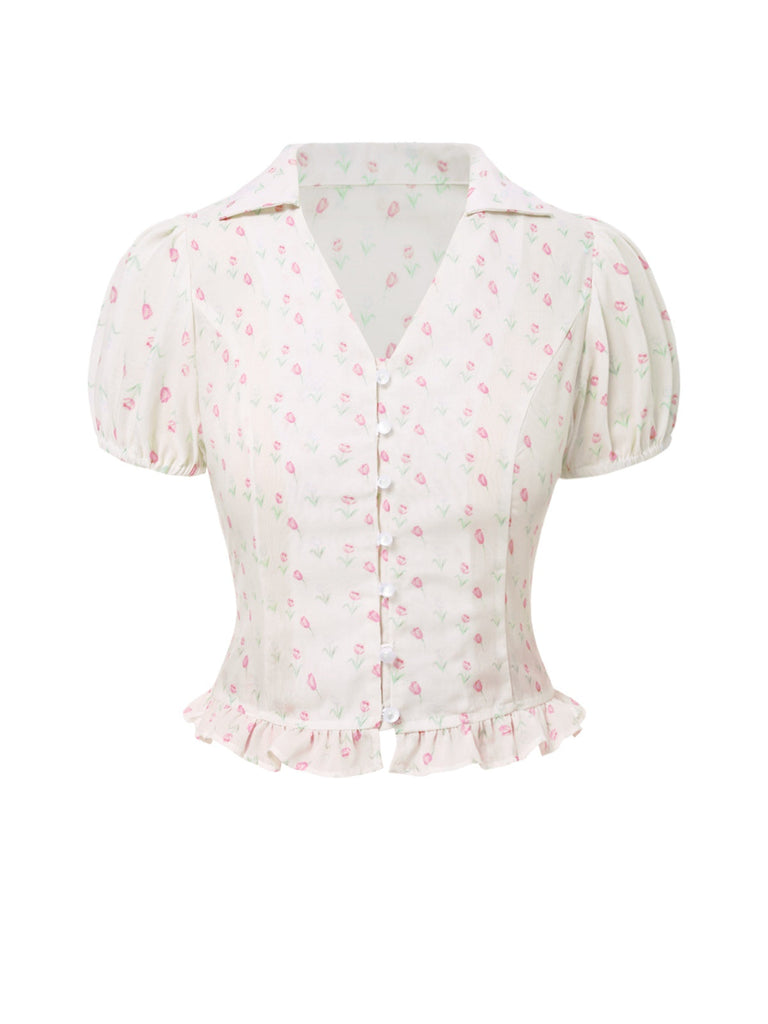 2PCS Rosa 1950er Tulip Bluse & Rose Tasten Hosen