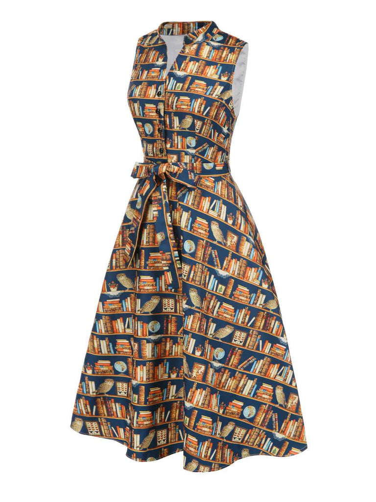 [Vorverkauf] Multicolor 1950er Bücherregal Druck Stehkragen Kleid
