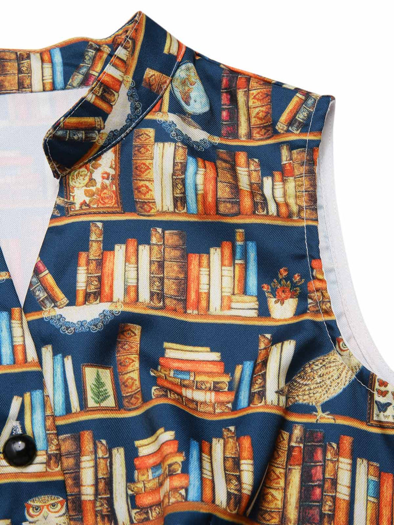 [Vorverkauf] Multicolor 1950er Bücherregal Druck Stehkragen Kleid