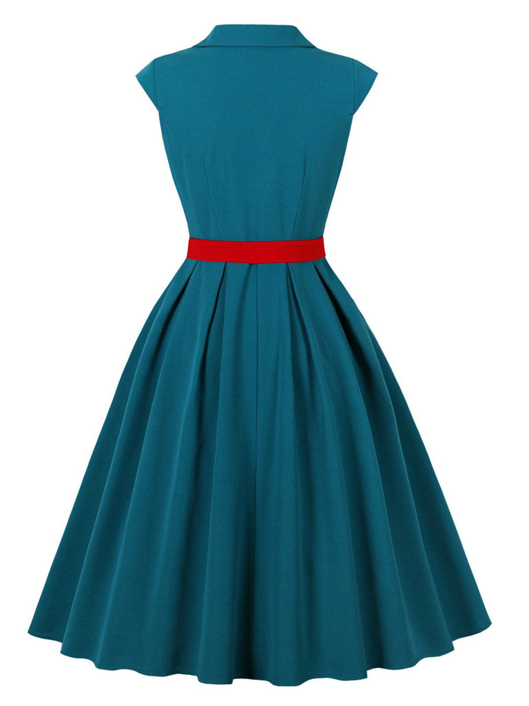 Blau 1950er Tasten Flügelärmel Revers Gürtel Kleid