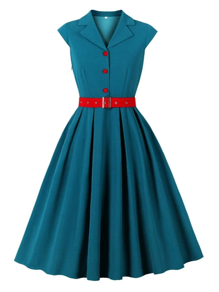 Blau 1950er Tasten Flügelärmel Revers Gürtel Kleid