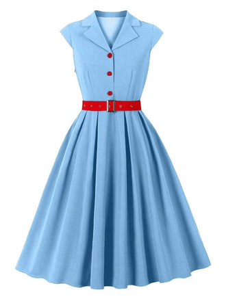 Blau 1950er Tasten Flügelärmel Revers Gürtel Kleid